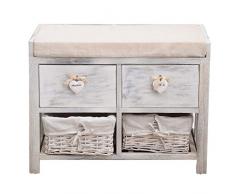 Rebecca Mobili Banco para almacenar de Madera, Asiento Acolchado 2 cajones y 2 cestas de Mimbre, Blanco, Estilo Vintage, Muebles Dormitorio - Medidas: 46 x 60 x 30 cm (AxANxF) - Art. RE4553