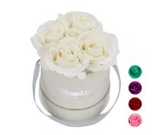 Relaxdays Rosas Artificiales en Caja Gris Redonda, 4 Unidades, Ramo Decorativo, Flower Box, Cartón-Tela-PP, Blanco