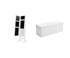 SONGMICS Espejo joyero de pie Armario organizador de bisutería MDF JBC77W + Baúl Puff - Taburete para almacenaje, Plegable Carga máxima de 300 kg, Blanco, 110 x 38 x 38