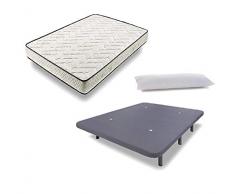 HOGAR24 ES Cama Completa - Colchón Flexitex + Base Tapizada 3D con 5 Barras Transversales Color Gris + 7 Patas de 32cm + Almohada de Fibra, 150x190 cm