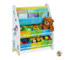 Relaxdays Estantería Infantil, 6 Cajas y 2 Baldas Tela, Mueble Juguetes, Librería Sirenas, 74 x 62 x 31,5 cm, Multicolor, Madera de ingeniería