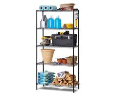 BAKAJI Estantería móvil estantería estantería Multiusos de Acero Inoxidable Cromado 5 estantes Ajustables tamaño 90 x 45 x 180 cm (Negro)