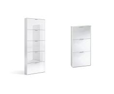 Habitdesign, 007815Bo, Zapatero con 5 Puertas + Zapatero con 3 Puertas Capacidad 18 Pares, Blanco Brillo, 113 x 60 x 22 cm