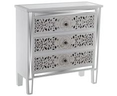 Cómoda con 3 Cajones de Madera Tallada y Espejo en Blanco Decape 80x30x81cm