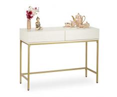 Relaxdays Consola Recibidor, 2 Cajones, Sideboard, Mesita Pasillo, Salón, Madera y Metal, 80x110x40 cm, Blanco y Dorado, Tablero de Fibra 50% Acero, 1 Unidad