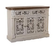 DRW Mesa de Entrada con 3 Puertas y 2 cajones tallados de Madera y DM en Blanco Envejecido 121x39x90cm