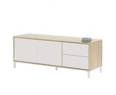 Habitdesign Modulo de TV 2 Puertas y 2 Cajones, Mueble TV, Modelo Brooklyn, Acabado en Roble Canadian y Blanco Artik, Medidas: 130 cm (Ancho) x 47 cm (Alto) x 41 cm (Fondo)