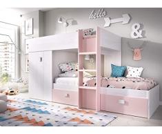 HOMEKIT Cama Juvenil Tipo Tren, 2 Camas, Madera de ingeniería, Artic+Rosa, Sencillo
