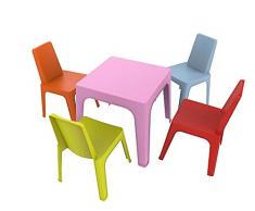resol Julieta set infantil para interior, exterior, jardín - 1 Mesa Rosa + 4 Sillas Roja/Naranja/Azul/Lima