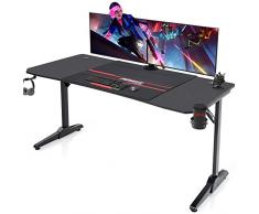Devoko Mesa Gaming 140x60cm Escritorio Gaming Escritorio para Juegos Mesa Videojuegos Gaming Mesa Mesa de Escritorio Gaming con Soporte para Café Gancho para Sujetar Negro