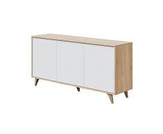 Habitdesign Aparador 3 Puertas, Bueffet para salón, Armario Auxiliar, Modelo Kikua Plus, Acabado en Blanco Artik y Roble Canadian, Medidas: 154 cm (Ancho) x 75 cm (Alto) x 40 cm (Fondo)