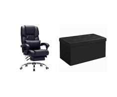 SONGMICS OBG71B Racing -Silla de Escritorio/Computadora Ergonómica con Reposapiés Plegable + 76 x 38 x 38 cm Baúl Puff Taburete para almacenaje Plegable Carga máxima de 300 kg Negro LSF105