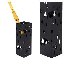 BAKAJI 8050534664805 Paragüero de Hierro de diseño Cuadrado, Color Negro, con decoración de Incrustaciones Gotas, Bandeja recogegotas y Ganchos para Paraguas Plegables, 49 x 15 x 15 cm, Metal