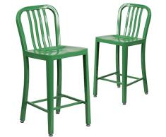 Flash Muebles Metal Interior/Exterior Contador Taburete de Altura con Vertical Tira Trasera, Metal, Verde, 2 Unidades