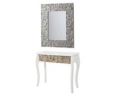 DRW Conjunto recibidor Mesa 80x30x78 cm (Alto) y Espejo Madera Blanca y Plateada