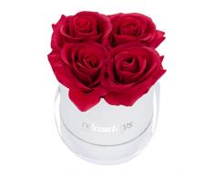 Relaxdays Rosas Artificiales en Caja Blanca Redonda, 4 Unidades, Ramo Decorativo, Flower Box, Cartón-Tela-PP, Rojo, 50% Papel 30% poliéster 20% plástico