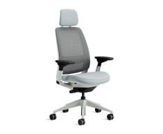 Steelcase Series 2 Silla de Oficina Ergonómica con Altura, Soporte Lumbar, Brazos y reposacabeza Ajustables, Mecanismo reclinable, Respaldo Malla Gris Transpirable y cómodo asiento Tejido Azul claro