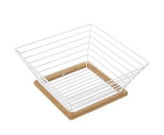 DRW Frutero Cuadrado de Metal y Madera en Blanco y Natural 25x25x10cm, Rejilla 15x15cm