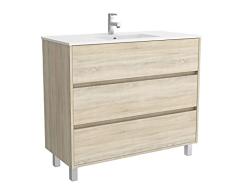 Conjunto Mueble baño 100 cm con Lavabo 100% montado de fábrica | Modelo Arenys acabado Madera Roble Caledonia a suelo 3 cajones cierre amortiguado con Lavabo porcelana blanca | Tiradores tipo uñero