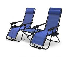 VOUNOT Set de 2 Tumbona Jardín Exterior Plegable con Mesa Auxiliar Portavasos, Silla Reclinable con Reposacabeza Extraíble, Carga Máxima 120KG, Azul