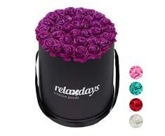 Relaxdays Rosas Artificiales en Caja Negra Redonda, 34 Unidades, Ramo Decorativo, Flower Box, Cartón-Tela-PP, Morado