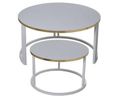 DRW Set de 2 mesas de Centro Redondas de Madera y Metal en Blanco y Dorado 80x43cm y 60x38cm