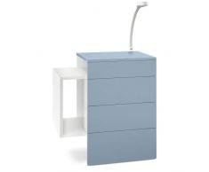 Mesilla de Noche Queens, Cuerpo en Blanco Mate/Frontal y Parte Superior en Denim Mate con lámpara LED Flexi Blanca