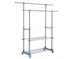SONGMICS Riel Dual de Ropa, Perchero Extensible con Estantes de Almacenamiento, Rieles Colgantes Rodantes, Tubo Revestido de Acero Inoxidable, (90-154) x 42 x (95-172) cm, Plata y Azul Piedra LLR03GB
