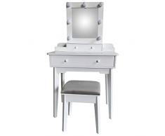 DRW Mesa Tocador con 4 Cajones de Madera con Luces Led y Taburete en Blanco 75x40x130cm, Taburete 36x28x45cm