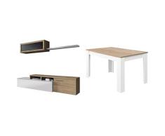 Habitdesign Mueble De Salón Comedor Moderno, Roble, Blanco Brillo Canadian, 200x41/34x43 cm + Comedor Extensible, Mesa Salón O Cocina, Acabado En Color Blanco Artik Y Roble Canadian, 140 Cm