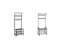 SONGMICS Perchero con Zapatero 2 en 1,Perchero con Banco,Almacenamiento de Entrada,18 Ganchos,3 Estantes,Negro HSR04B+VASAGLE Perchero,Altura 183 cm,Greige y Gris HSR40MG