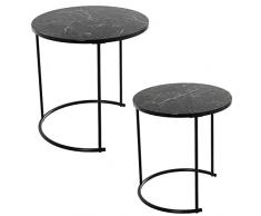 Set de 2 mesas Redondas auxiliares de Metal y Madera en Negro e Imitacion marmol ø42x44 cm+ø50x49 cm