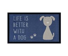Hanse Home Felpudo Atrapador de la Suciedad, Alfombrilla para Puerta de Entrada, Alfombra para Interior y Exterior, Texto Antideslizante, Varios diseños, 45 x 75 cm, Color: Life is Better Dog Azul