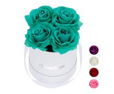 Relaxdays Rosas Artificiales en Caja Blanca Redonda, 4 Unidades, Ramo Decorativo, Flower Box, Cartón-Tela-PP, Turquesa