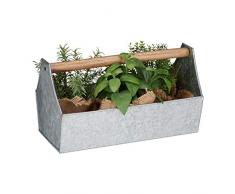 Relaxdays, 20 x 36 x 20 cm Jardinera Metal con Asa de Madera, Hierro Galvanizado, Plateado, Plata
