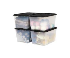 Iris Ohyama, Caja de almacenajeen, Caja de almacenaje Multifunción, lote de 4 Cajas de plástico, 45 L, Tapa, Asa ergonómica, Ático, Habitación, Salon - Top Box NTB-45 - Negro
