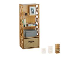 Relaxdays Estantería con Cesta de almacenaje, Madera, Cuatro estantes, Caja Plegable, 105 x 42 x 49 cm, 1 Ud, Marrón, Bambú