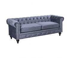 DRW Sofá chéster de 3 plazas de Terciopelo y Patas de Madera con 2 Cojines en Gris 197x77x70cm