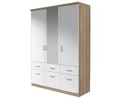 Rauch Möbel Armario ropero con Espejo, 2 estantes, 2 Barras, 6 cajones, 3 Puertas, Roble Sanremo Claro/Blanco Alpino, 58 x 136 x 199 cm
