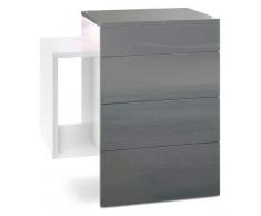 Mesilla de Noche Queens, Cuerpo en Blanco Mate/Frontal y Parte Superior en Gris Brillante con Foco LED Blanco