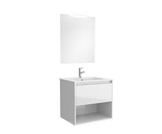 Conjunto Mueble baño 60 cm 100% montado de fábrica con Lavabo, Espejo y Aplique | Modelo Noja color Blanco lacado brillo suspendido 1 cajón y 1 hueco con Lavabo Porcelana blanca y aplique de luz Led
