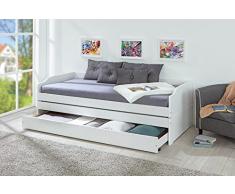 Inter Link cama funcional, cama individual, cama doble, cama de invitados 90 x 200 pino macizo lacado blanco, 98 x 205 x 63 cm