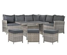DRW Set de Sofa esquinero de Jardin de 7 plazas, Mesa y 3 Puff de Ratan Sintetico Marron y Negro 267X204X90 cm Sofa y 5 mm Cristal