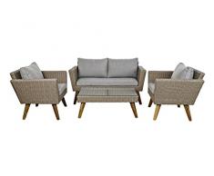 DRW Set de Sofa y Dos sillones de Ratan Sintetico Marron y Gris con Cojines y Mesa 90X70X110 cm