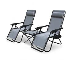 VOUNOT Set de 2 Tumbona Jardín Exterior Plegable con Mesa Auxiliar Portavasos, Silla Reclinable con Reposacabeza Extraíble, Carga Máxima 120KG, Gris