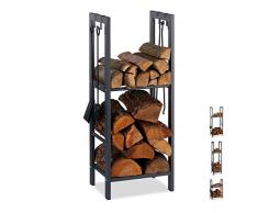 Relaxdays, Antracita, 100 x 40 x 30 cm leñero Interior con 2 estantes y 4 colgadores para Accesorios Chimenea, Acero