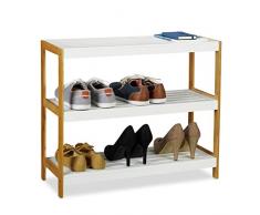 Relaxdays Zapatero con 3 Estantes, Bambú, Blanco/marrón, 58,5 x 70 x 26 cm