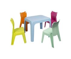 RESOL Set Jan Frog Mesa Infantil con Sillas | 4 Sillas Niños y Mesa de Plástico | Apilables y de Muy Fácil Limpieza y Mantenimiento | Mesa Azul + 4 sillas Fucsia/Aqua/Naranja/Lima