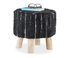 Relaxdays Reposapiés Redondo tapizado Estilo otomano Vintage con Acolchado de Piel, 4 Patas de Madera, puf Moderno, Color Negro, Telas, Black, 42 x 42 x 40 cm