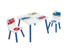 Hello Home Vehículos, Conjunto Infantil de Mesa y Dos sillas , Madera, Blanco, 63 x 63 x 52 cm